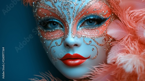 Colorful masquerade mask with intricate designs and feathers at a festive eve...
