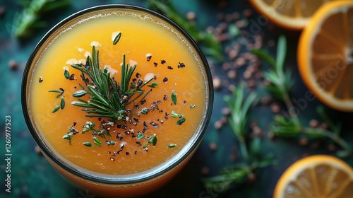 Refreshing citrus drink garnished with herbs served on a rustic table