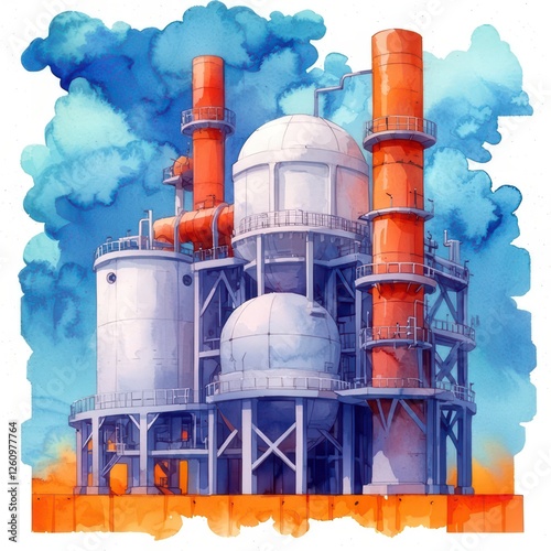A colorful industrial structure with cylindrical towers and pipes against a vibrant blue and orange sky, showcasing modern engineering.