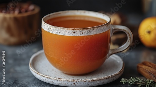 Refreshing herbal tea served in white bowls on a wooden board with mint garni...