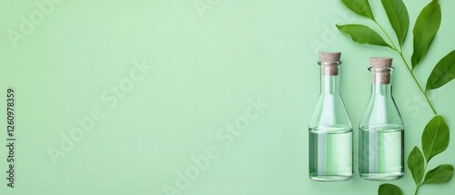 Two glass bottles filled with clear liquid sit next to green leaves on a light mint background, evoking a fresh and natural aesthetic.