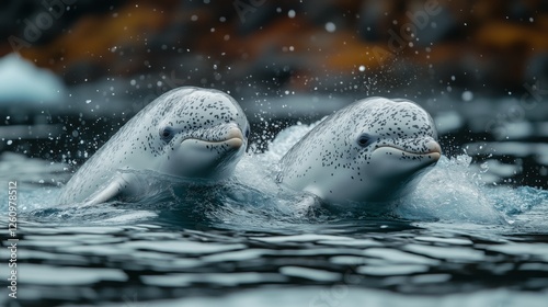 Two beluga whales surfacing in icy waters of the Arctic region during a foggy...