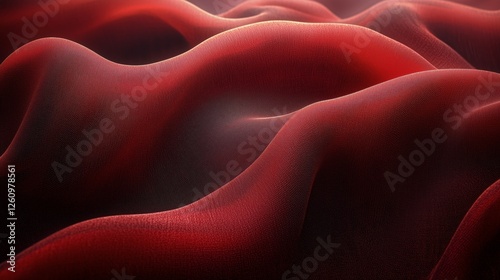 Abstract texture of red fabric creating dynamic waves and folds in soft lighting
