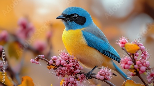 Vibrant bird perched on a blooming branch in a lush garden during spring season
