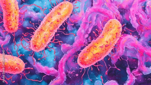 A vibrant illustration of bacteria, showcasing colorful shapes and textures, emphasizing the microscopic world of microorganisms.