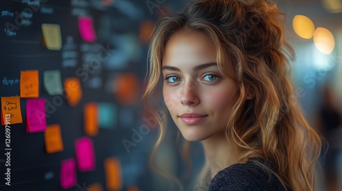 Young woman smiling at a creative workspace filled with colorful sticky notes...