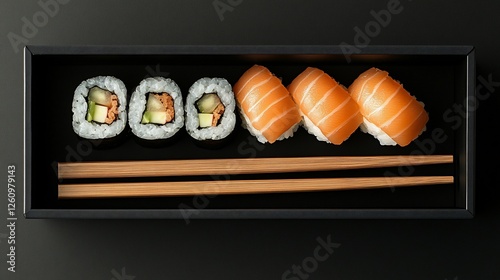 Salmon sushi, maki rolls, bento box, dark background, food delivery
