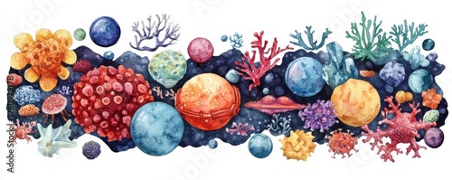 A vibrant underwater scene showcasing colorful corals, marine life, and various textures, illustrating the beauty of ocean ecosystems.