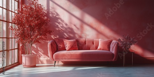 Stylish interior with pink sofa and vibrant plants in a sunlit room