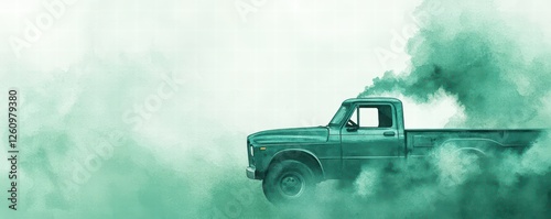 A vintage green truck drives through a cloud of green smoke, creating a striking visual contrast and evoking a sense of nostalgia.