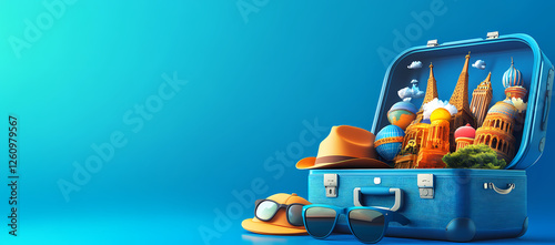 Wallpaper Mural Travel Suitcase: A vibrant blue suitcase bursts open, overflowing with iconic landmarks from around the globe, symbolizing the thrill of adventure and the promise of exploring new horizons. Torontodigital.ca