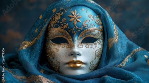Beautiful blue mask with golden embroidery and elegant scarf displayed agains...