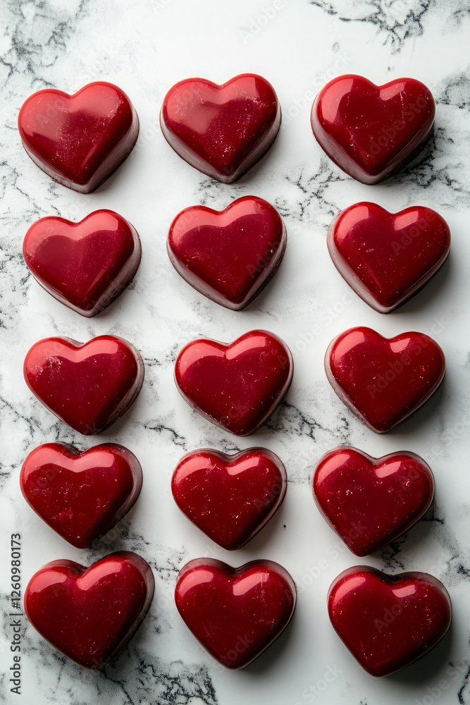 Row of heart-shaped red jelly candies arranged on marbled background Row of heart-shaped red jelly candies arranged on marbled background