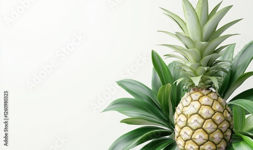 Ripe pineapple with tropical leaves, white background, summer food, healthy eating photo