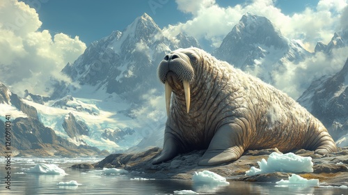 Walrus resting on rocky shore amidst icy landscape in a remote coastal area
