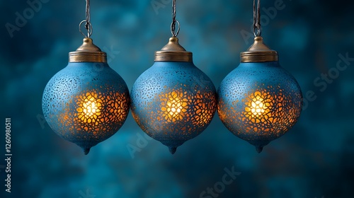 Three Illuminated Teal Lanterns Hang Against A Dark Blue Background