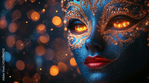 Woman in a sparkling mask surrounded by glowing lights at a festive event