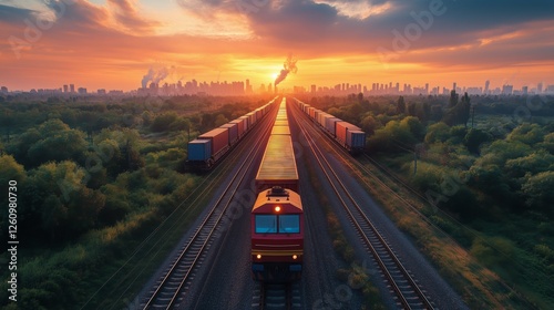Sunset over railroad tracks with freight train near urban skyline
