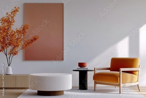 Modern Living Room Design Featuring Cozy Orange Chair, Stylish Coffee Table, Decorative Wall Art, Intimate Home Atmosphere
