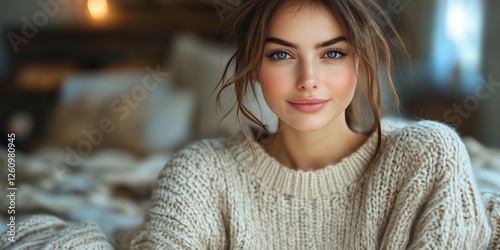 Winter portrait of a woman in a cozy sweater with soft lights in the background