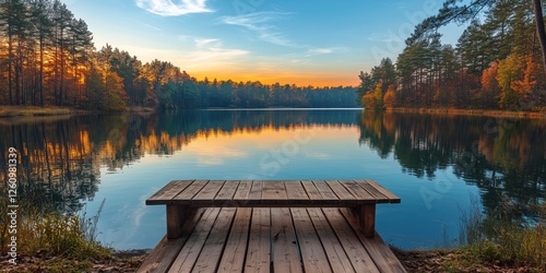 Serene sunset over still water with wooden dock in forest surrounding