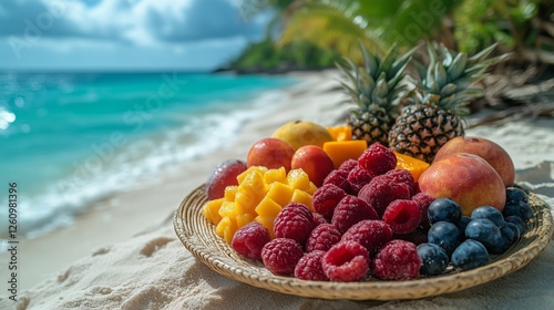 Fototapeta Naklejka Na Ścianę i Meble -  Fresh tropical fruits arranged on a plate by the beach during a sunny day