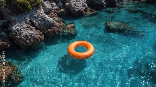 Bright orange pool float relaxes in clear blue water under afternoon sunlight