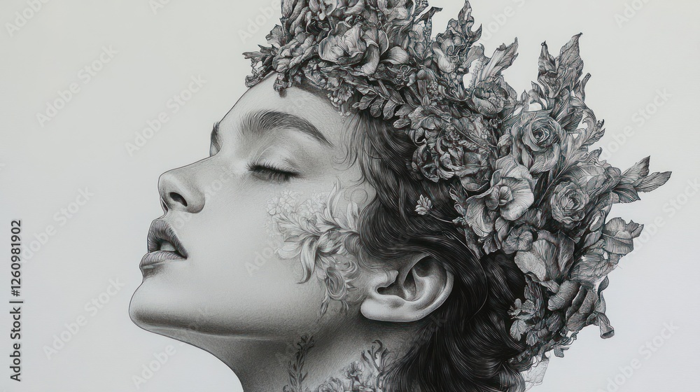 Fototapeta premium Serene Woman, Floral Crown, Studio, Grey Background, Art