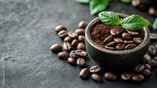 Coffee powder, beans, mint leaves, dark background, food photography
