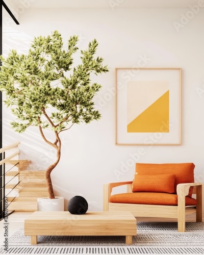 Modern Living Room Design Featuring Cozy Orange Furniture, Potted Plant Accent, Contemporary Artwork, Bright Atmosphere
