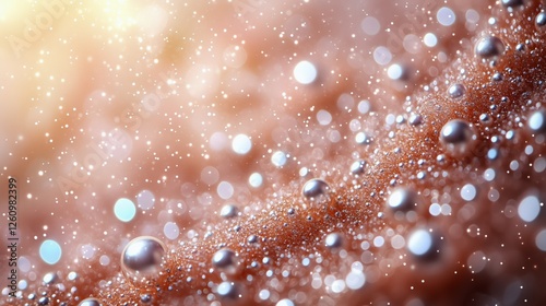 Water droplets sparkle on sandy surface under warm sunlight during early morn...
