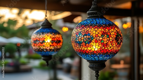 Colorful Mosaic Glass Lanterns Hanging Outdoors