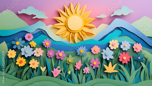 Papercut Spring Landscape: A whimsical papercut illustration depicting a vibrant springtime scene with a bright yellow sun shining over a colorful field of flowers and rolling green hills.