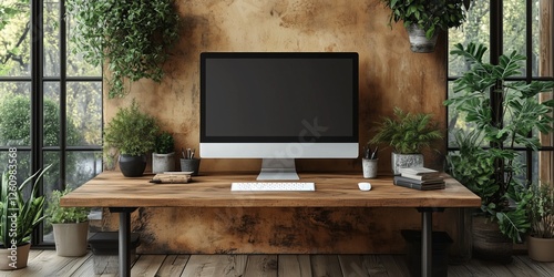 Modern workspace surrounded by greenery in a serene indoor environment