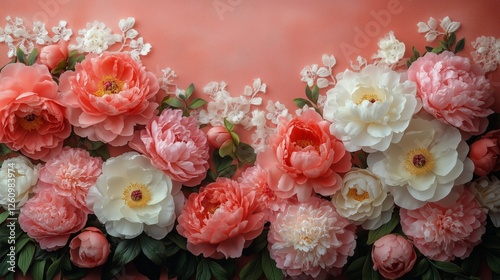 Pink peonies in full bloom against a soft pastel background in a floral arran...