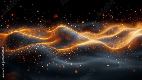 Sparkling waves of golden particles create a mesmerizing visual effect in dar...