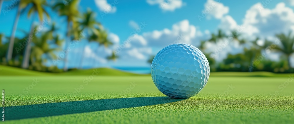 Golf Ball Rolling on Green Course Tropical Paradise Sports Photography Bright Day Close-up View Tranquil Atmosphere Golf Ball Rolling on Green Course Tropical Paradise Sports Photography Bright Day Close-up View Tranquil Atmosphere