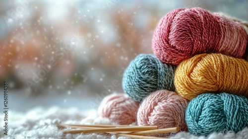 Vibrant yarn and knitting supplies arranged on a textured surface