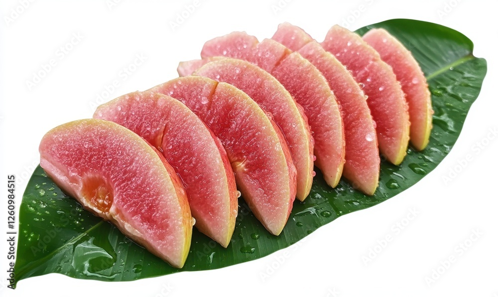Sliced pink guava on leaf, isolated, food photography, healthy snack Sliced pink guava on leaf, isolated, food photography, healthy snack
