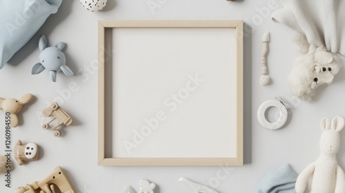 Baby's room mockup; frame, toys, neutral background