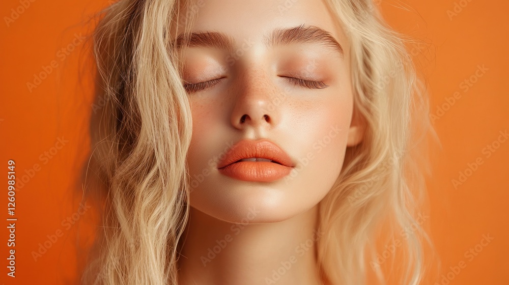Naklejka premium Blonde woman, serene face, orange backdrop, beauty shot
