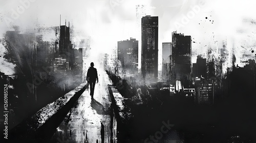 A lone figure silhouetted against the towering skyscrapers of a dark gritty cityscape evokes a sense of isolation and contemplation in the face of an uncertain futuristic urban environment