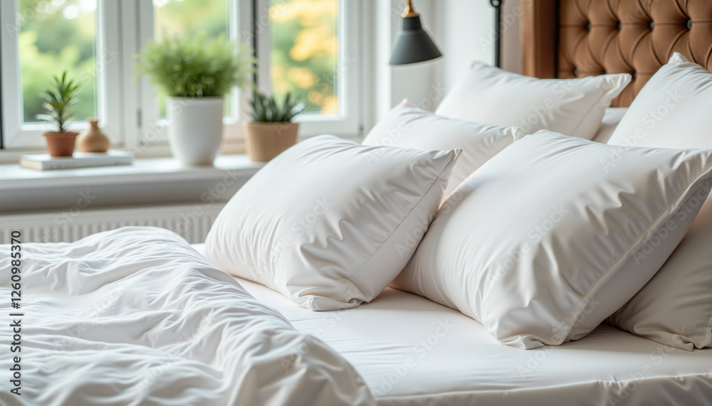 Cozy bedroom with plush white pillows and a soft duvet, surrounded by green plants