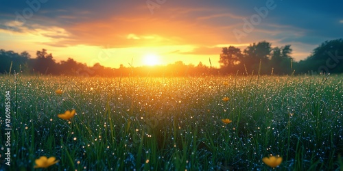 Beautiful sunset casting warm light on dew-covered grass in serene natural se...