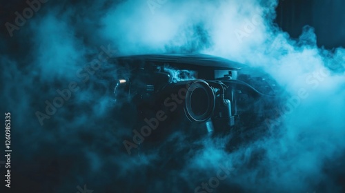 Night car exhaust smoke, urban backdrop