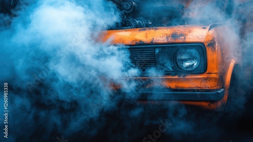 Smoking Classic Car Engine, Night Race