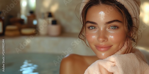 Skin care routine in a serene spa environment featuring a woman relaxing
