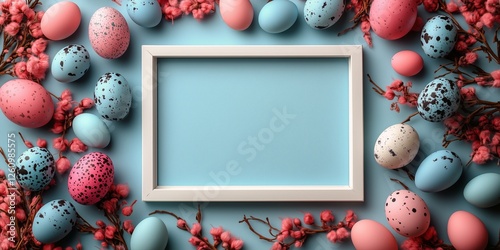 Colorful Easter eggs arranged with pink blossoms on a light blue background f...