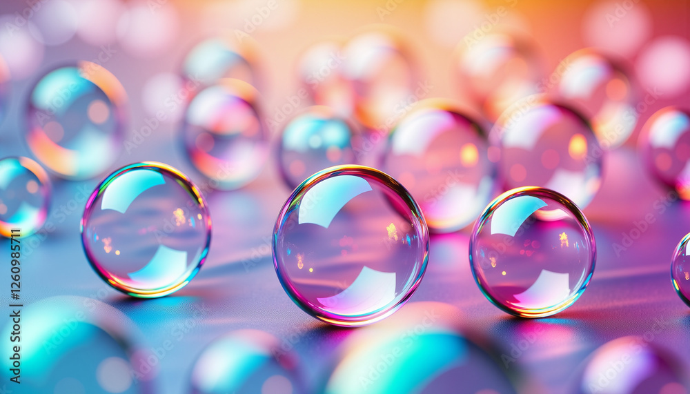 Colorful translucent bubbles with reflections on a vibrant gradient background