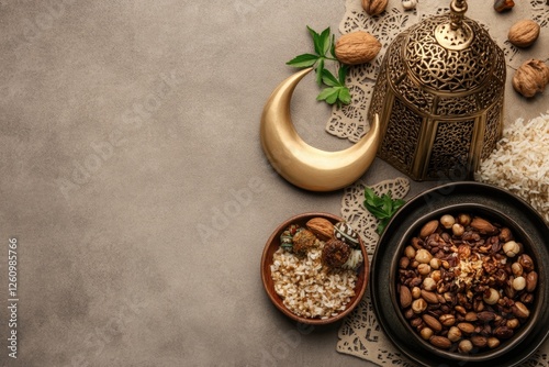 Wallpaper Mural Top View of Beautifully Arranged Iftar Dishes Featuring a Crescent Moon Centerpiece on a Textured Surface Torontodigital.ca